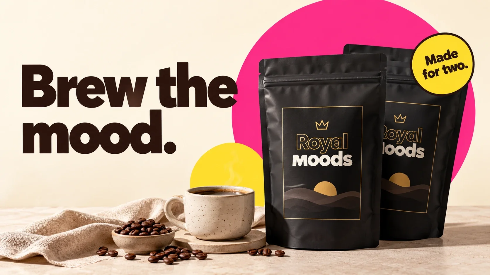 Two Royal Moods coffee pouches beside a cup of coffee and coffee beans