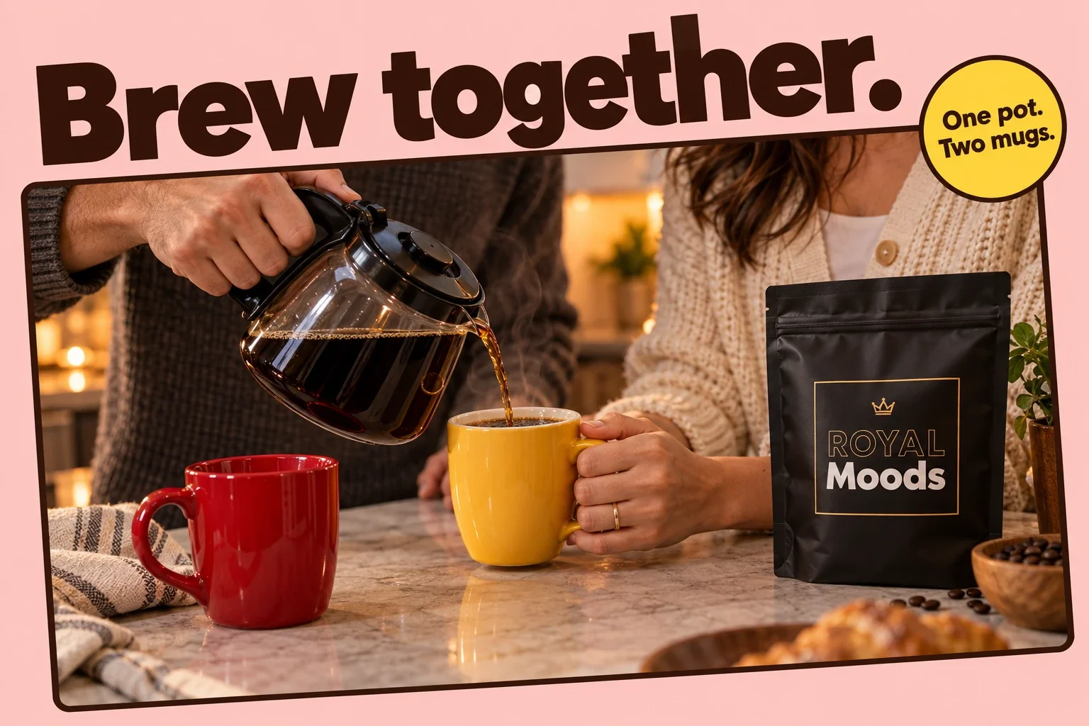 Couple pouring coffee into two mugs at a kitchen counter next to a Royal Moods pouch