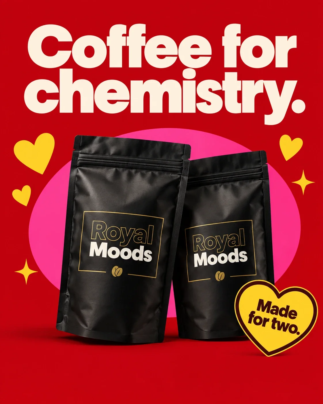 Two Royal Moods coffee pouches on a red background with hearts