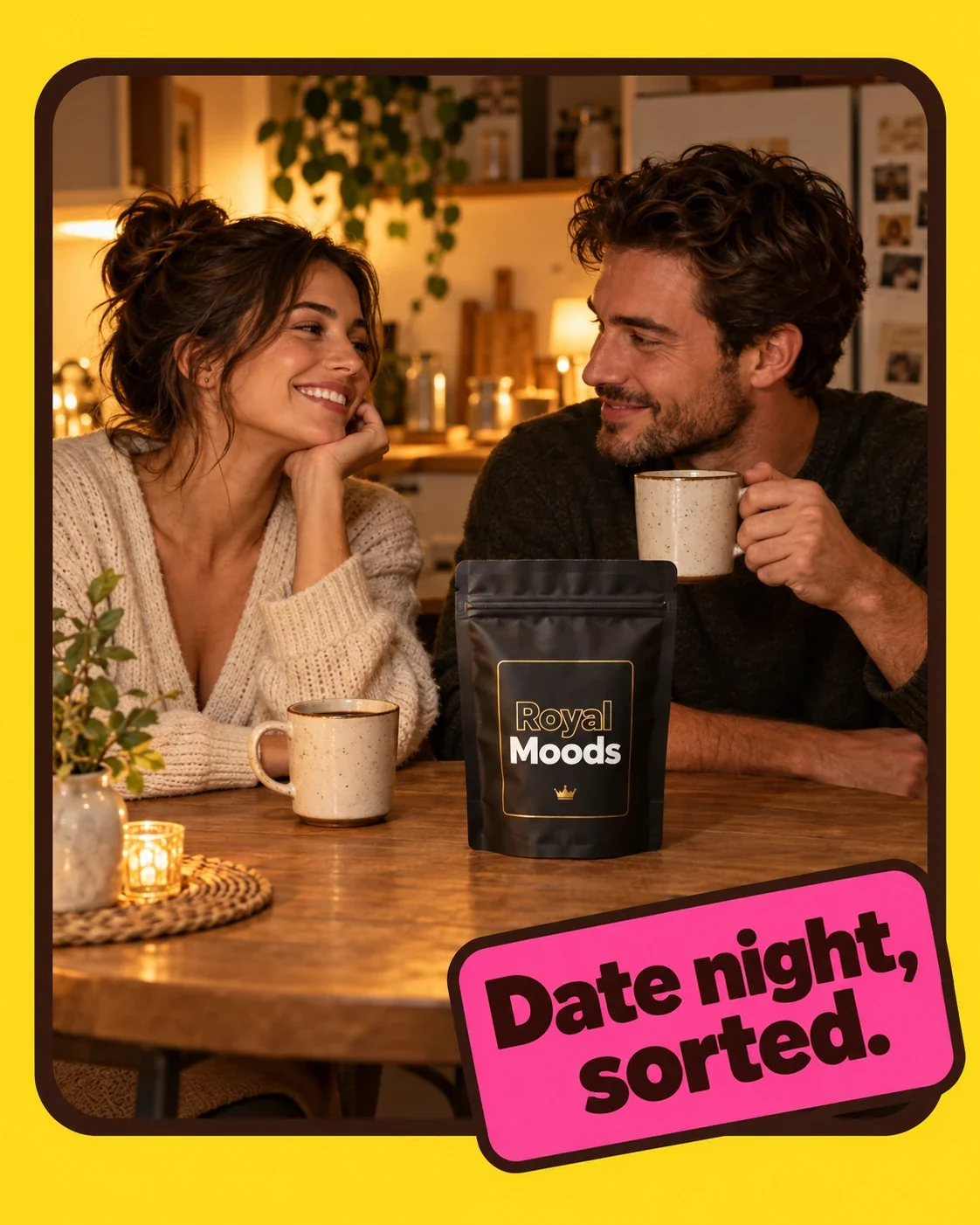 Couple smiling at each other over coffee at a candlelit table with a Royal Moods pouch