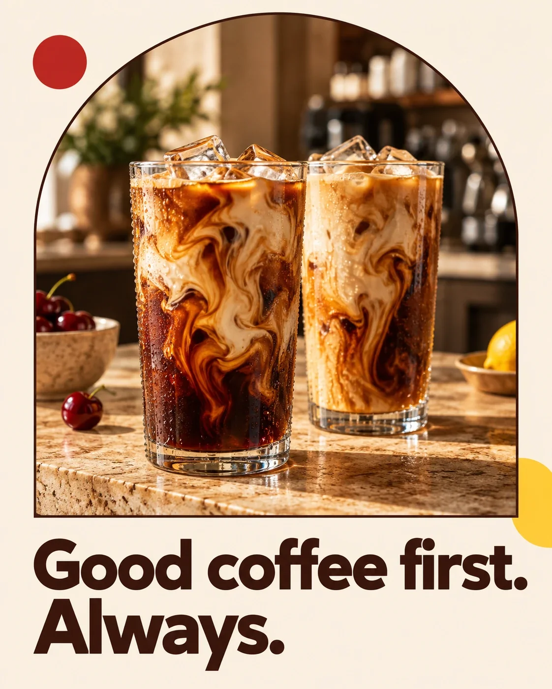 Two iced coffees with cream swirling into them on a kitchen counter