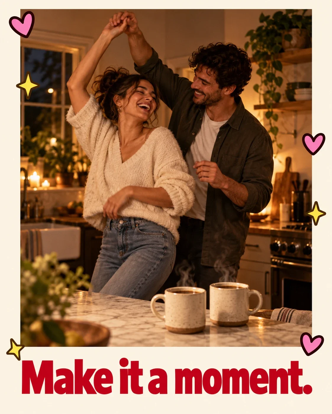 Couple dancing in a candlelit kitchen with two mugs of coffee on the counter