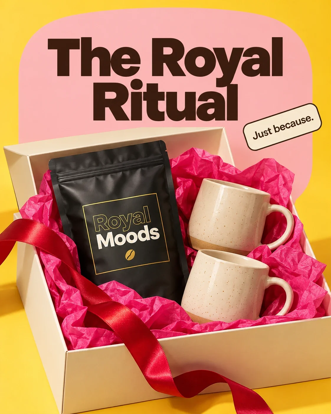 Royal Moods gift box with a coffee pouch and two speckled mugs in pink tissue paper