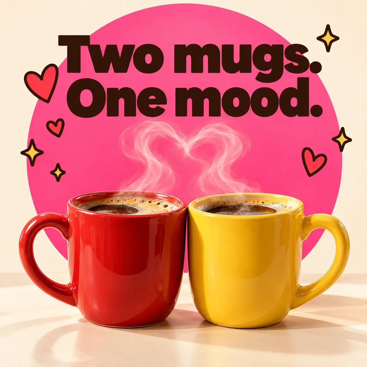 Red and yellow coffee mugs side by side with steam forming a heart